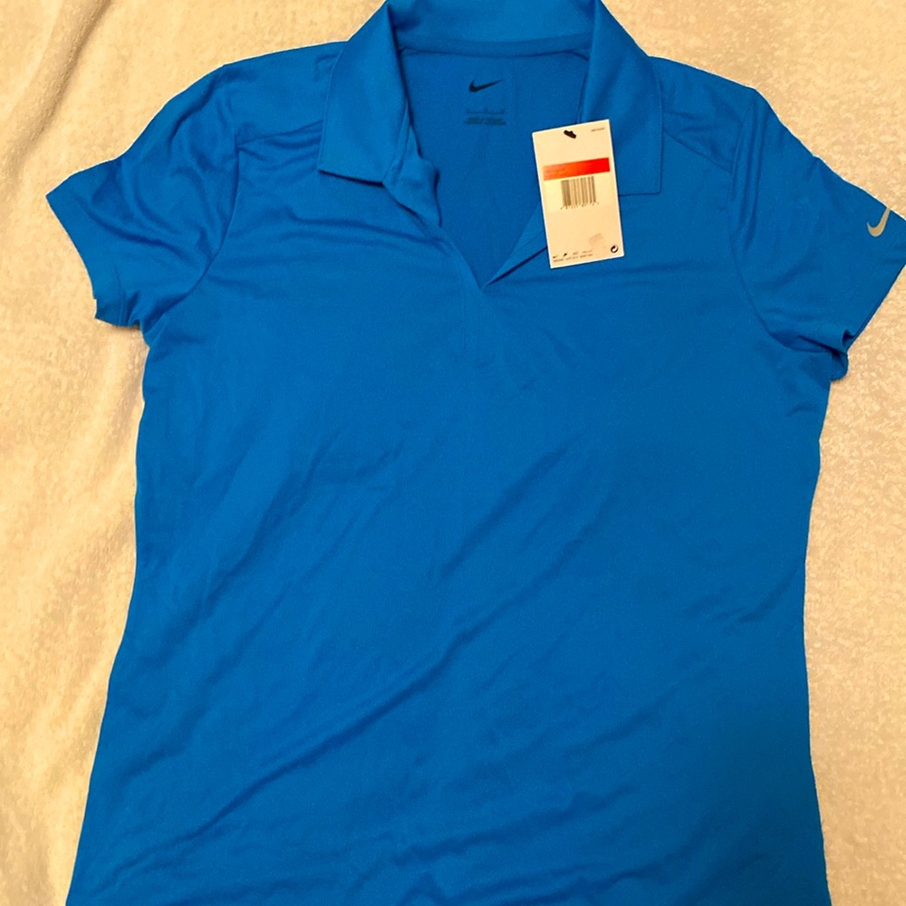 Large Nike short sleeve Golf performance top. Collared V neck, bright blue.NWT.